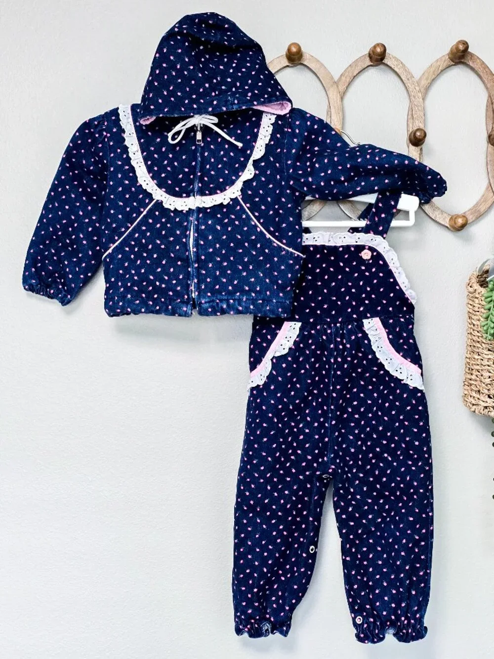 Vintage A Tiny Tots Original 2T Denim Rosebud Overall Set w/ Hooded Jacket